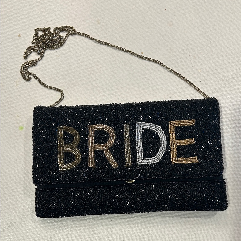 NEW Black Beaded Bride Clutch with Chain Strap